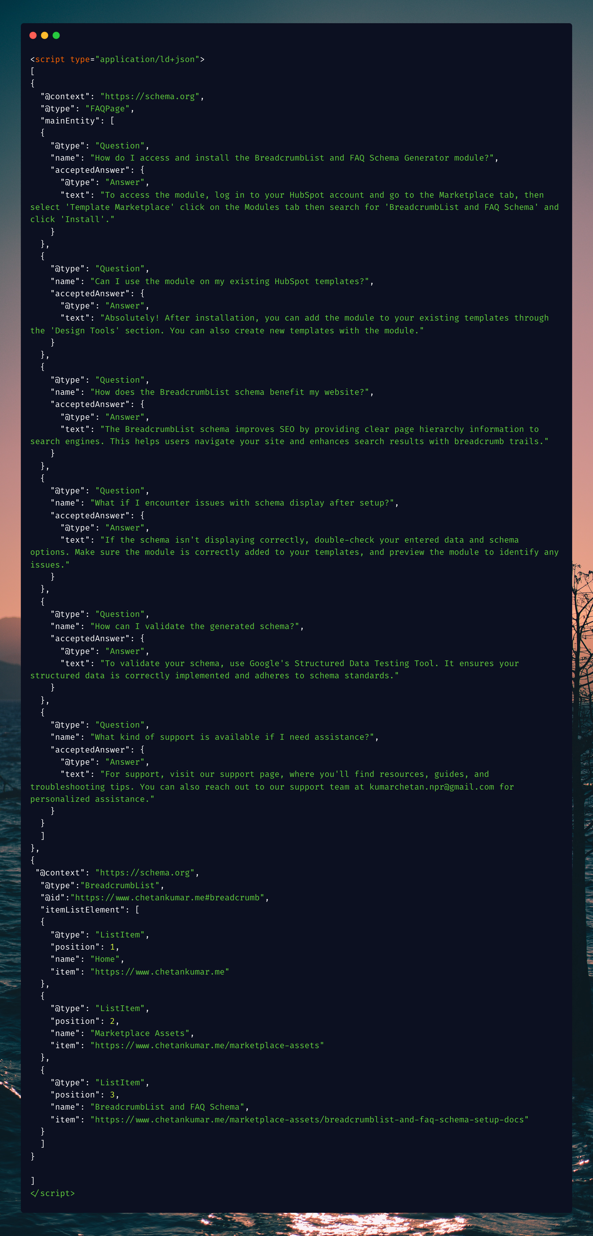 Image Showing the source code of this Breadcrumb and FAQ schema module