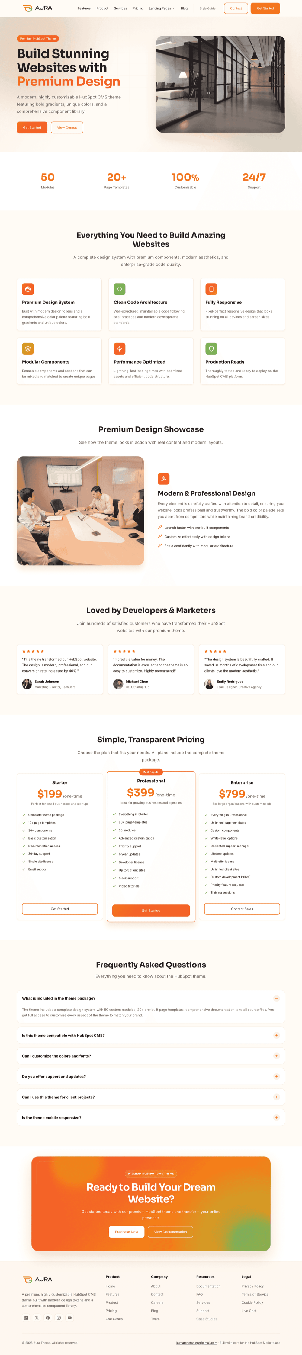 AURA Home template split hero with gradient highlight, stats row, and six-column feature grid.